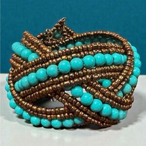 Handmade Turquoise and Bronze Seed Bead Woven Cuff Bracelet.